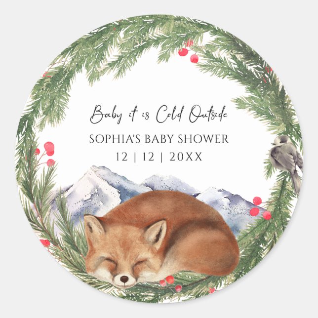 Cold Outdoor Woodland Fox Winter Baby Dusche Runder Aufkleber (Vorderseite)