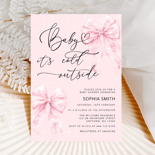 Cold Outside Elegante Pink Bows Girl Baby Dusche Einladung (Von Creator hochgeladen)