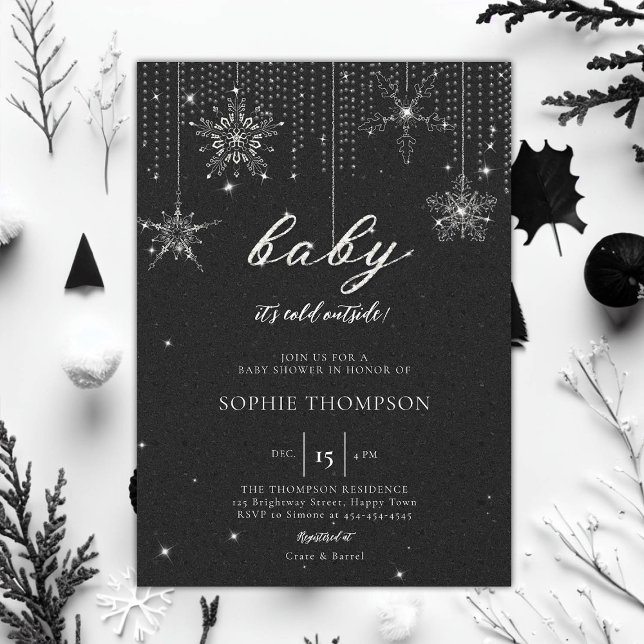 Cold Outside Glitzer Snowflake Neutral Baby Dusche Einladung (baby its cold outside baby shower invitation rhinestone glitter sparkle snowflakes black neutral)