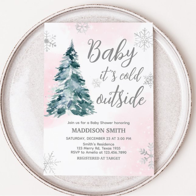 Cold Outside Pink Winter Baby Dusche Einladung (Pink Silver Pine Tree Baby Shower Invitation)