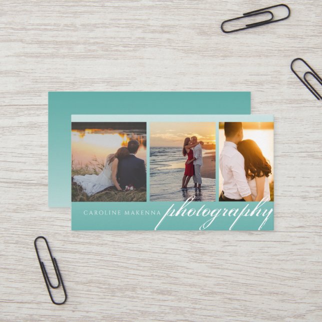 Collage 3-Foto Aquamarin Green Blue Ombre Fotograf Visitenkarte (Vorderseite/Rückseite Beispiel)