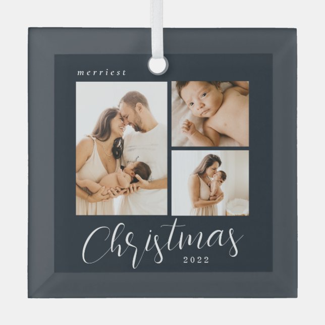 Collage 3 Fotos bearbeitbare Farbe Weihnachtsschmu Ornament Aus Glas (Vorderseite)