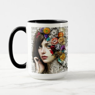 Collage Art   Hübsches Mädchen mit Blume in ihrer  Tasse