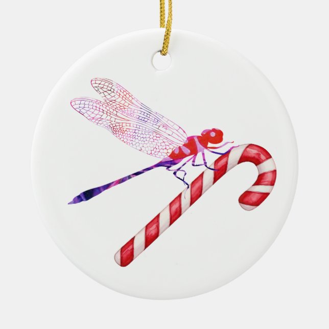 Collage Art Insekt Art DRAGONFLY mit CANDY CANE Keramik Ornament (Vorne)