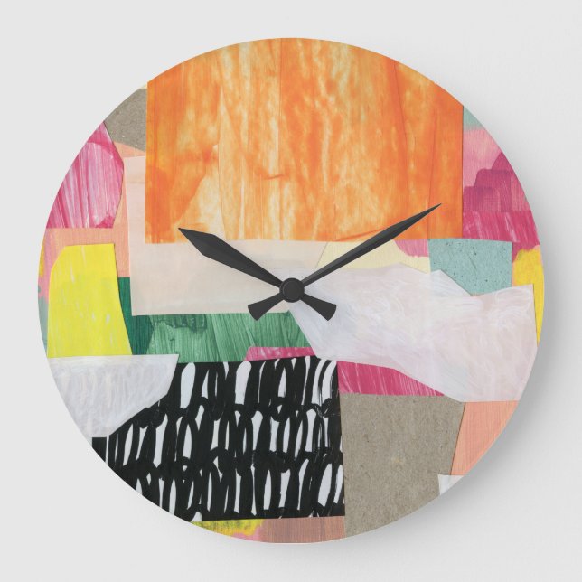 Collage Art, modern bunt abstrakt. Große Wanduhr (Vorderseite)