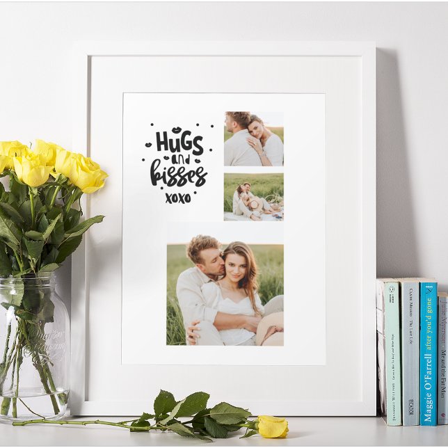 Collage Couple Foto & Hugs and Kisses Phrase Liebe Poster (Von Creator hochgeladen)