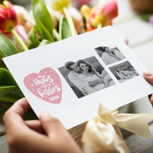 Collage Couple Foto & Hugs and Kisses PInk Herz Feiertagspostkarte