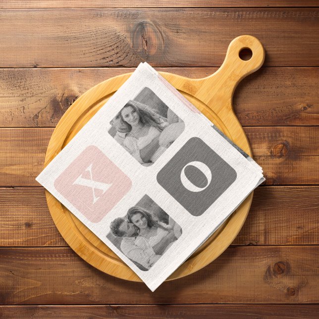 Collage Couple Foto & Pastel Pink & Gray XOXO Geschirrtuch (Von Creator hochgeladen)