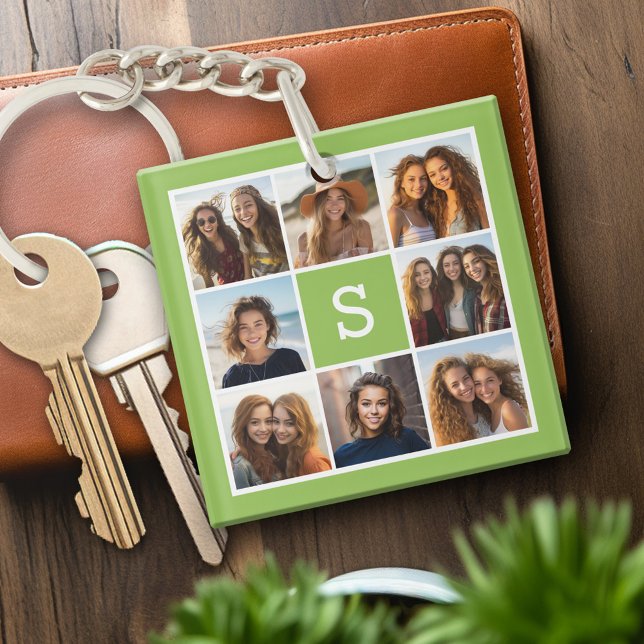 Collage Custom Monogram - Lime Green Schlüsselanhänger (Personalized keychain with photo collage and monogram)