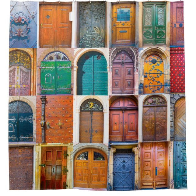 Collage of medieval front doors at Prague,  Czech  Duschvorhang (Vorderseite)