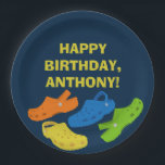 Collage of Plastic Shoes Navy Blue Birthday Party Pappteller<br><div class="desc">Throw a fun party for kids or adults with these personalized paper plates. These custom party supplies feature illustrations of plastic moccasin or clogs style shoes in bright colors. Lime green, bright blue, yellow and orange shoes are set against a navy blue background. Your message is spelled out in bold...</div>