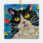 Collage Tuxedo Cat Keramikornament<br><div class="desc">Tuxedo-Katzengesicht starrt den Betrachter in einem Kunstwerk</div>