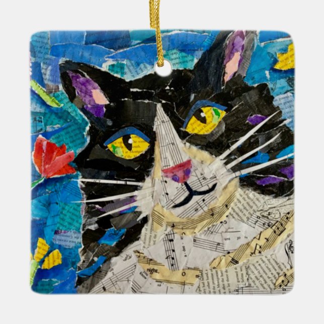 Collage Tuxedo Cat Keramikornament (Vorderseite)