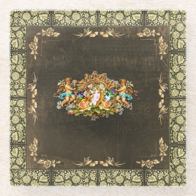 Collage Vintag Retro mit Spitzen und Blume Glasuntersetzer (Vorderseite)