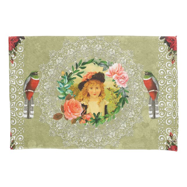 Collage Vintag Retro mit Spitzen und Blume Kissenbezug (Vorderseite)