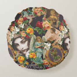 Collage Vintag Retro mit Spitzen und Blume Rundes Kissen
