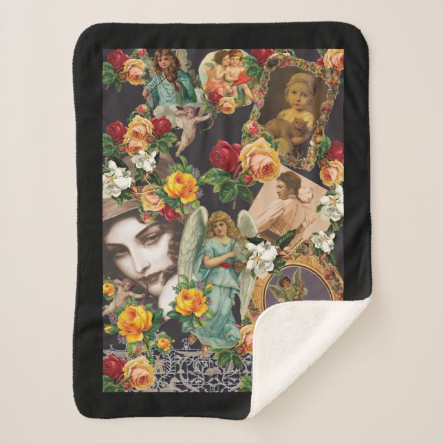 Collage Vintag Retro mit Spitzen und Blume Sherpadecke (Vorderseite)