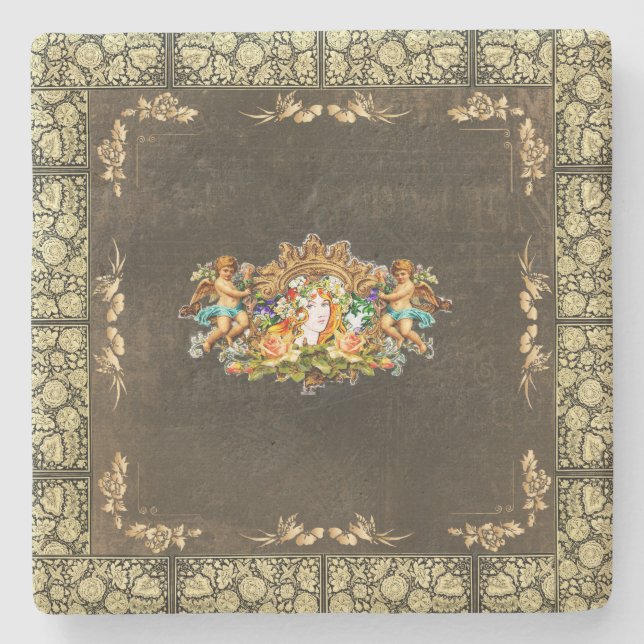 Collage Vintag Retro mit Spitzen und Blume Steinuntersetzer (Vorderseite)