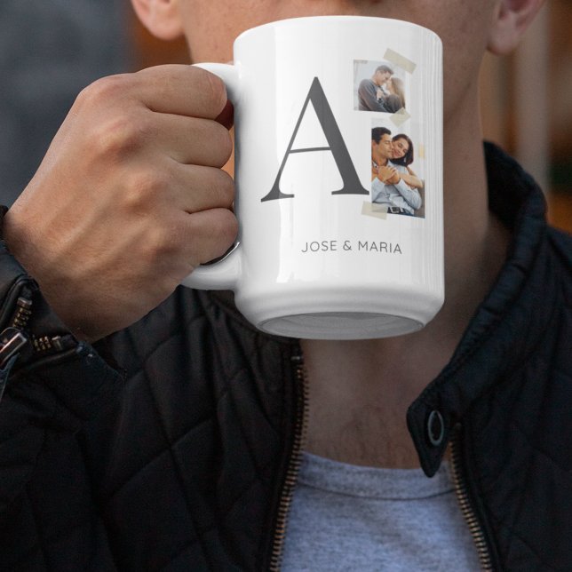 Collaged Initial Stories Kaffeetasse (White base mug showcasing serif initial, two photos, and subtle washi tape detailing.)