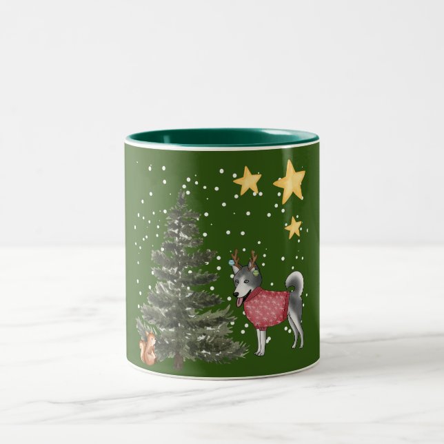 Collection "Christmas Dogs" mit Husky im Wald Zweifarbige Tasse (Mittel)