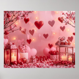 Collection of Pink and Red Hearts on a Modern Wall Poster
