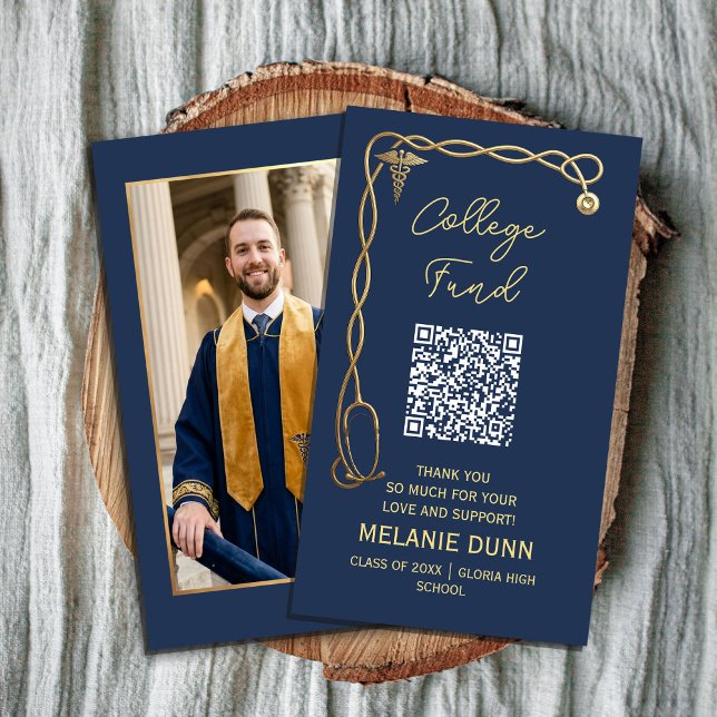 College fund Navy Blue & Gold Medical graduation Visitenkarte (College fund Navy Blue & Gold Medical graduation #collegefund #collegefundqrcode #seniorcollege)