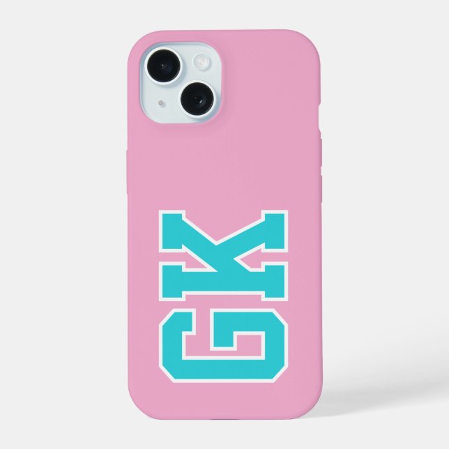 College Pink Türkis Varsity Monogramm Anfangsbuchs iPhone 15 Hülle (Rückseite)