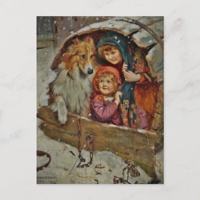 Collie and Children in Doghouse Postkarte (Vorderseite)