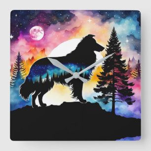 Collie auf der Bergspitze auf dem farbenprächtigen Quadratische Wanduhr