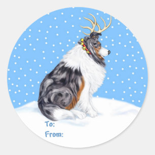 Collie Christmas Reindeer Blue Merle Gift Tags Runder Aufkleber