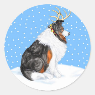 Collie Christmas Reindeer Tri Runder Aufkleber