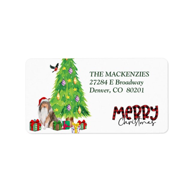 Collie Dog Christmas Tree Rücksendeadresse Adressaufkleber (Vorne)