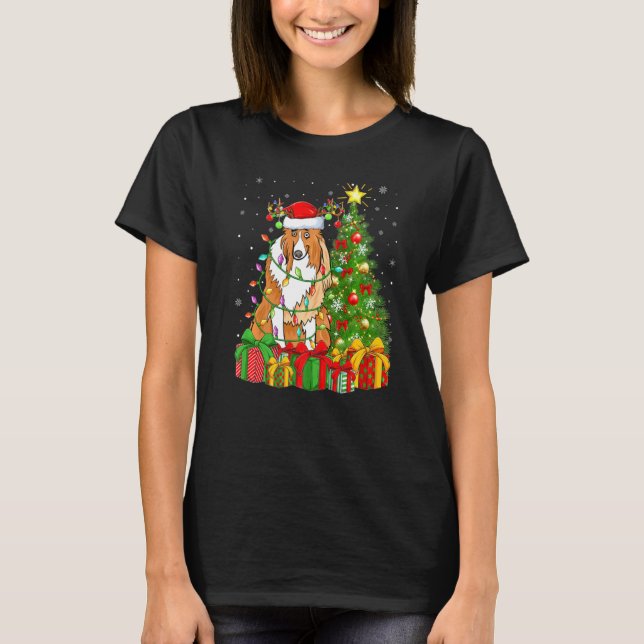 Collie Dog Lighting Xmas Tree Weihnachtsmannmütze  T-Shirt (Vorderseite)