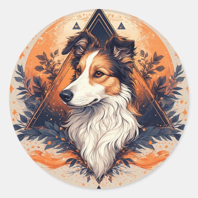 Collie Dog mit dynamischem geometrischem Hintergru Runder Aufkleber (Vorderseite)