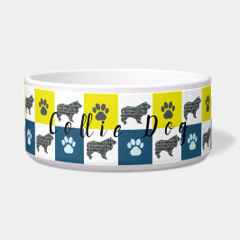 Collie Dog & Paw Yellow & Blue Grid Dog Bowl Napf