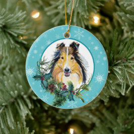 Collie Evergreen Blue Snowflake Border Keramik Ornament