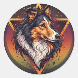 Collie-Hund mit lebendigem geometrischem Hintergru Runder Aufkleber