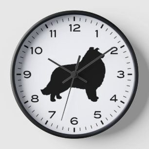 Collie-Hund-Silhouette mit Zahlen und Minuten Uhr