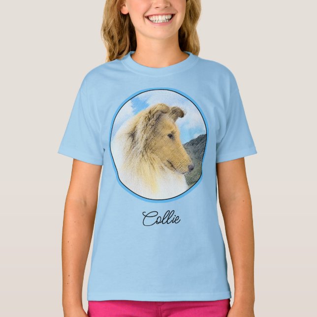 Collie in Mountains (Rough) Malerei - Hunde Art T- T-Shirt (Vorderseite)