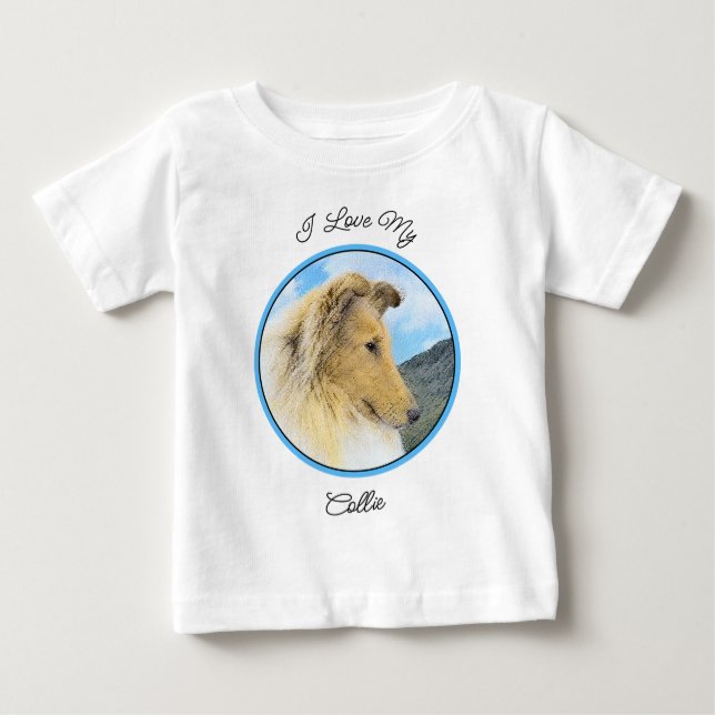 Collie in Mountains (Rough) Malerei - Hunde Kunst Baby T-shirt (Vorderseite)
