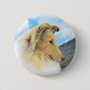 Collie in Mountains (Rough) Malerei - Hunde Kunst Button