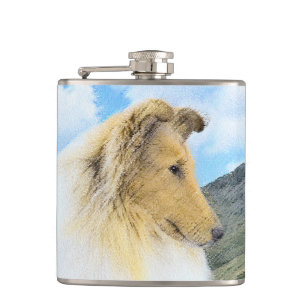 Collie in Mountains (Rough) Malerei - Hunde Kunst Flachmann