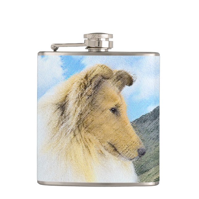 Collie in Mountains (Rough) Malerei - Hunde Kunst Flachmann (Vorderseite)