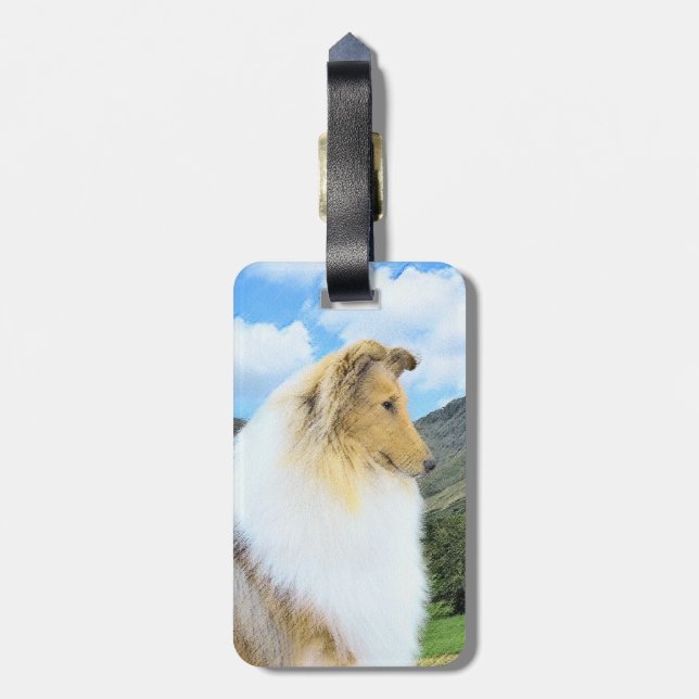 Collie in Mountains (Rough) Malerei - Hunde Kunst Gepäckanhänger (Rückseite vertikal)
