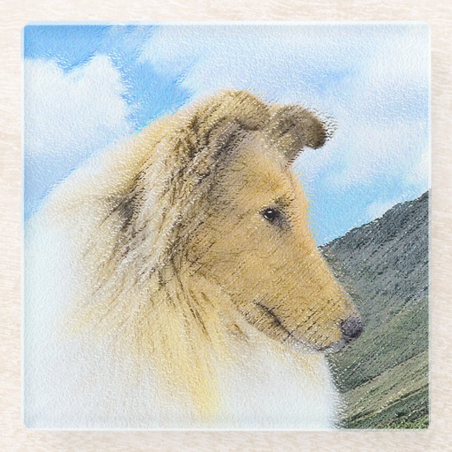 Collie in Mountains (Rough) Malerei - Hunde Kunst Glasuntersetzer (Vorderseite)