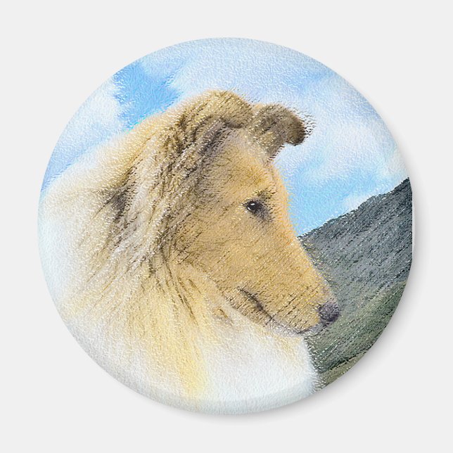 Collie in Mountains (Rough) Malerei - Hunde Kunst Magnet (Vorne)