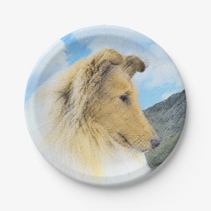 Collie in Mountains (Rough) Malerei - Hunde Kunst Pappteller