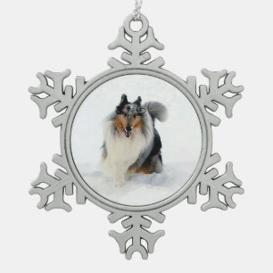 Collie läuft durch Schnee Schneeflocken Zinn-Ornament