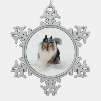 Collie läuft durch Schnee Schneeflocken Zinn-Ornament