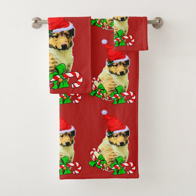 Collie Puppy Christmas Badhandtuch Set (Insitu)